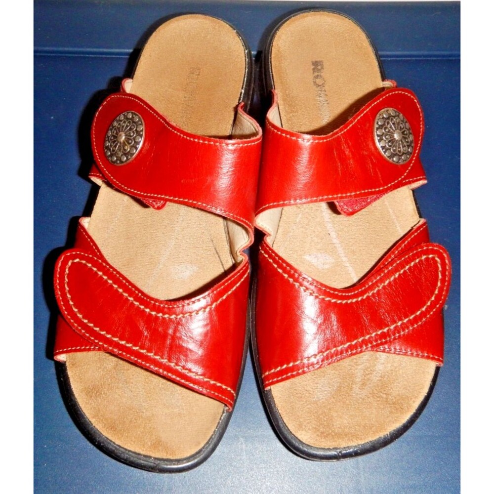 Romika Womens 9 Red Leather Slide Sandals Adjustable Strap Comfort Made Europe